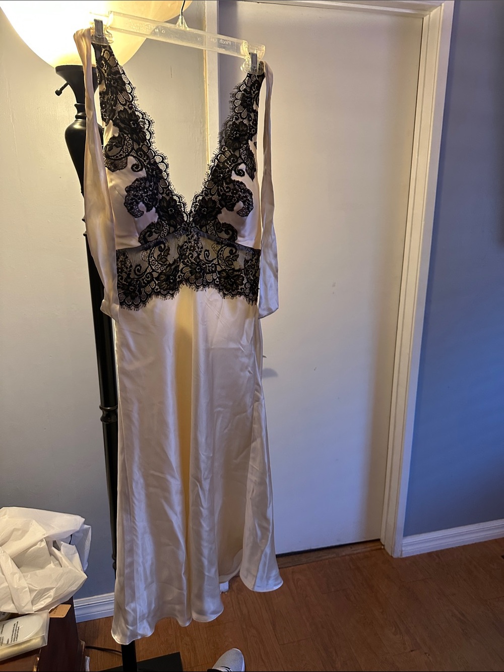 White House Black Market white Silk Chemise with Black Lace Accents